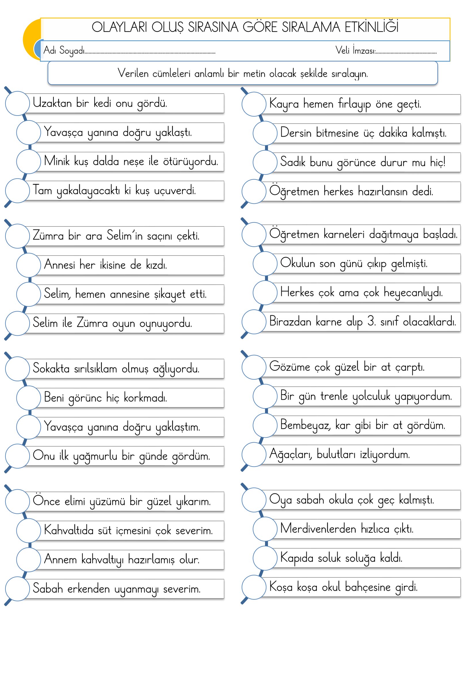 2.Sınıf - Türkçe Olayları Oluş Sırasına Göre Sıralama Etkinliği