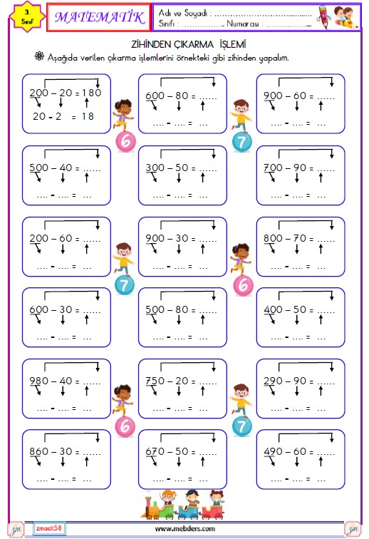 3. Sınıf Matematik Zihinden Çıkarma İşlemi Etkinliği 2