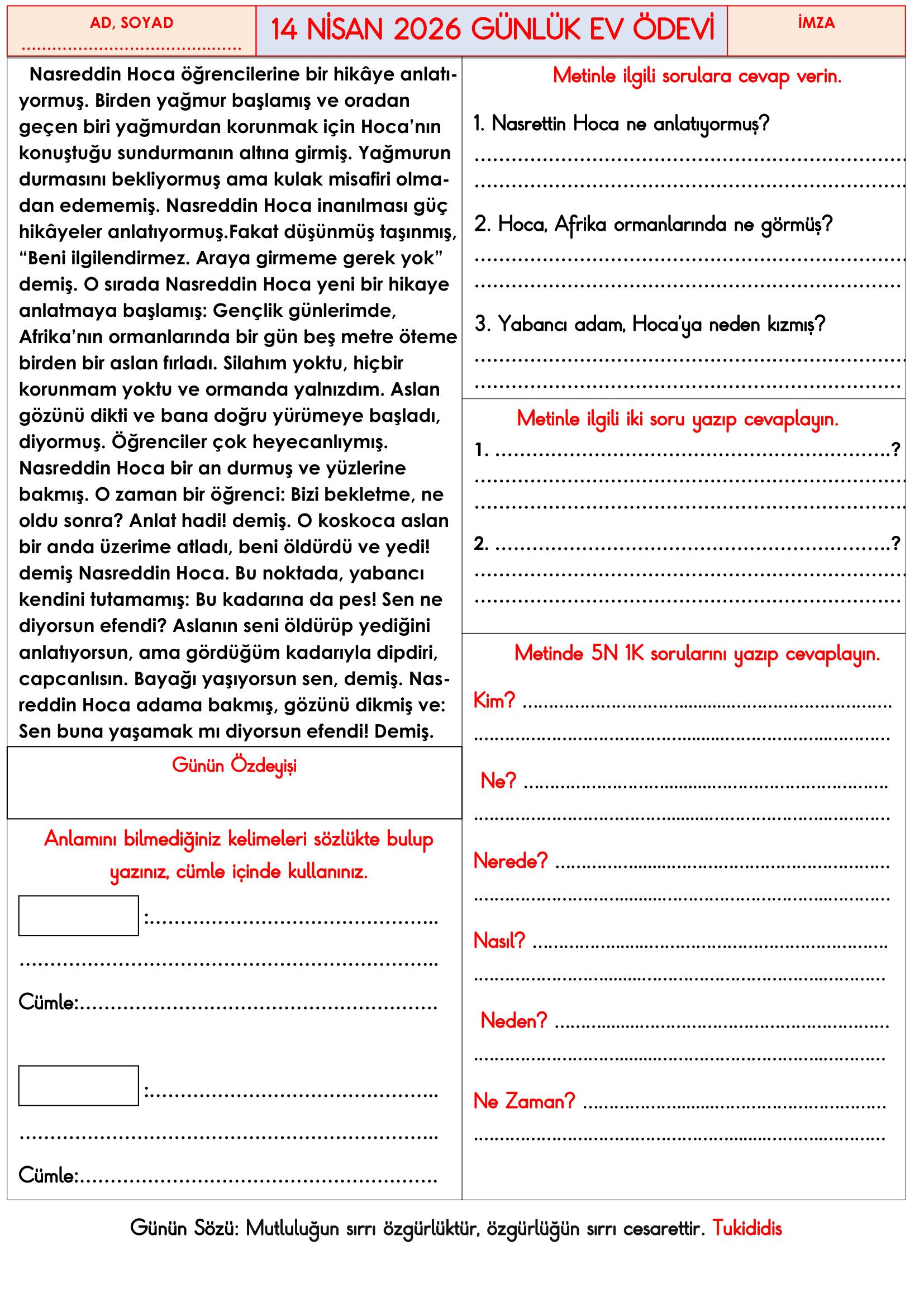 3.Sınıf - 14 Nisan 2026 Günlük Ev Ödevleri