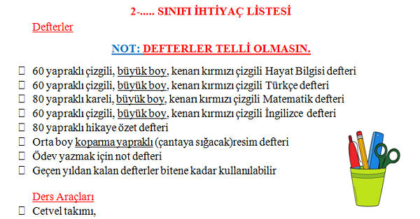 2. Sınıf İhtiyaç Listesi
