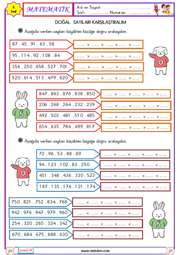 3. Sınıf Matematik Doğal Sayıları Karşılaştırma ve Sıralama Etkinliği 3