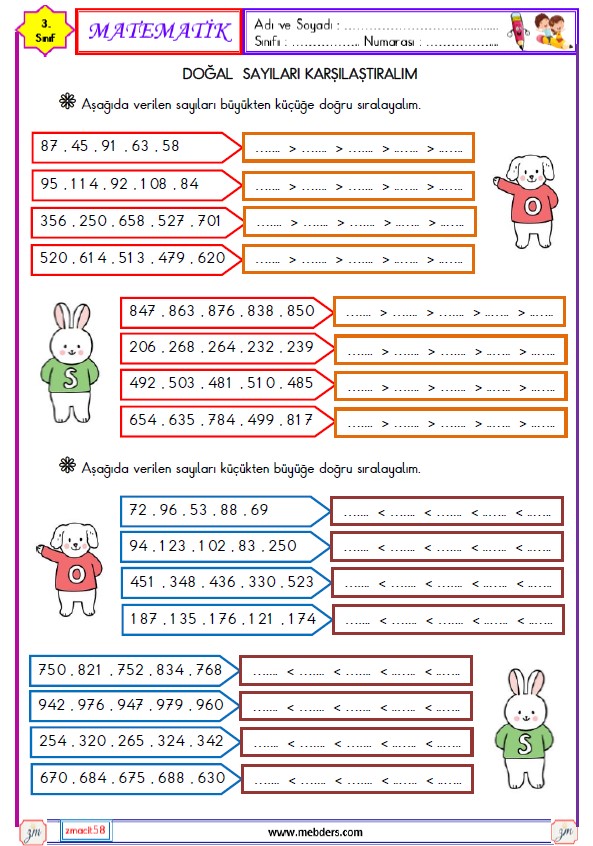 3. Sınıf Matematik Doğal Sayıları Karşılaştırma ve Sıralama Etkinliği 3