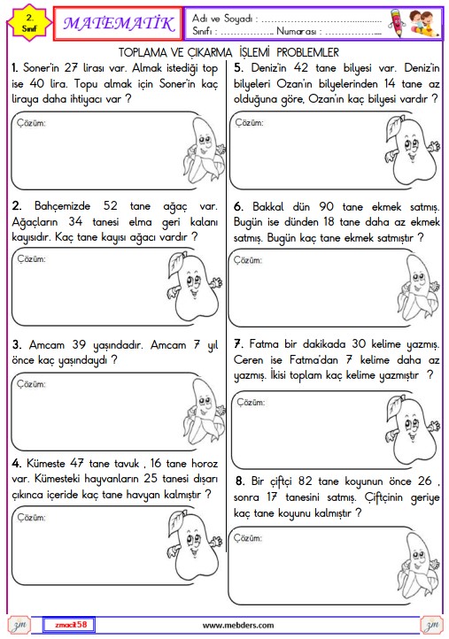 2. Sınıf Matematik Toplama ve Çıkarma İşlemi Problemler Etkinliği 2