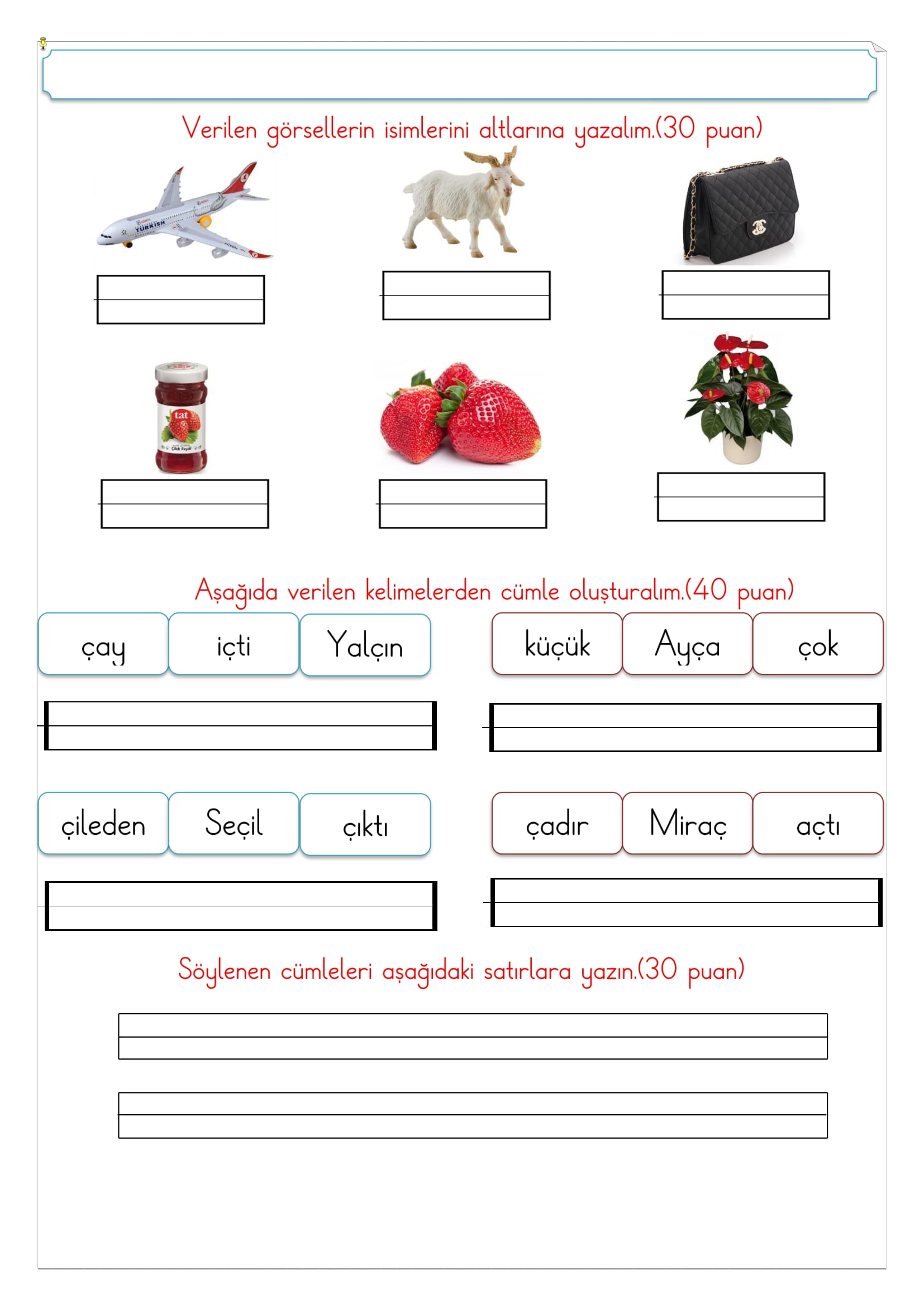 1.Sınıf İlk Okuma Yazma Ç Sesi Değerlendirme Çalışması 1