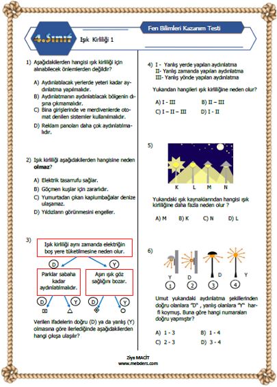 4. Sınıf Fen Bilimleri  Işık Kirliliği   Kazanım Testi 2