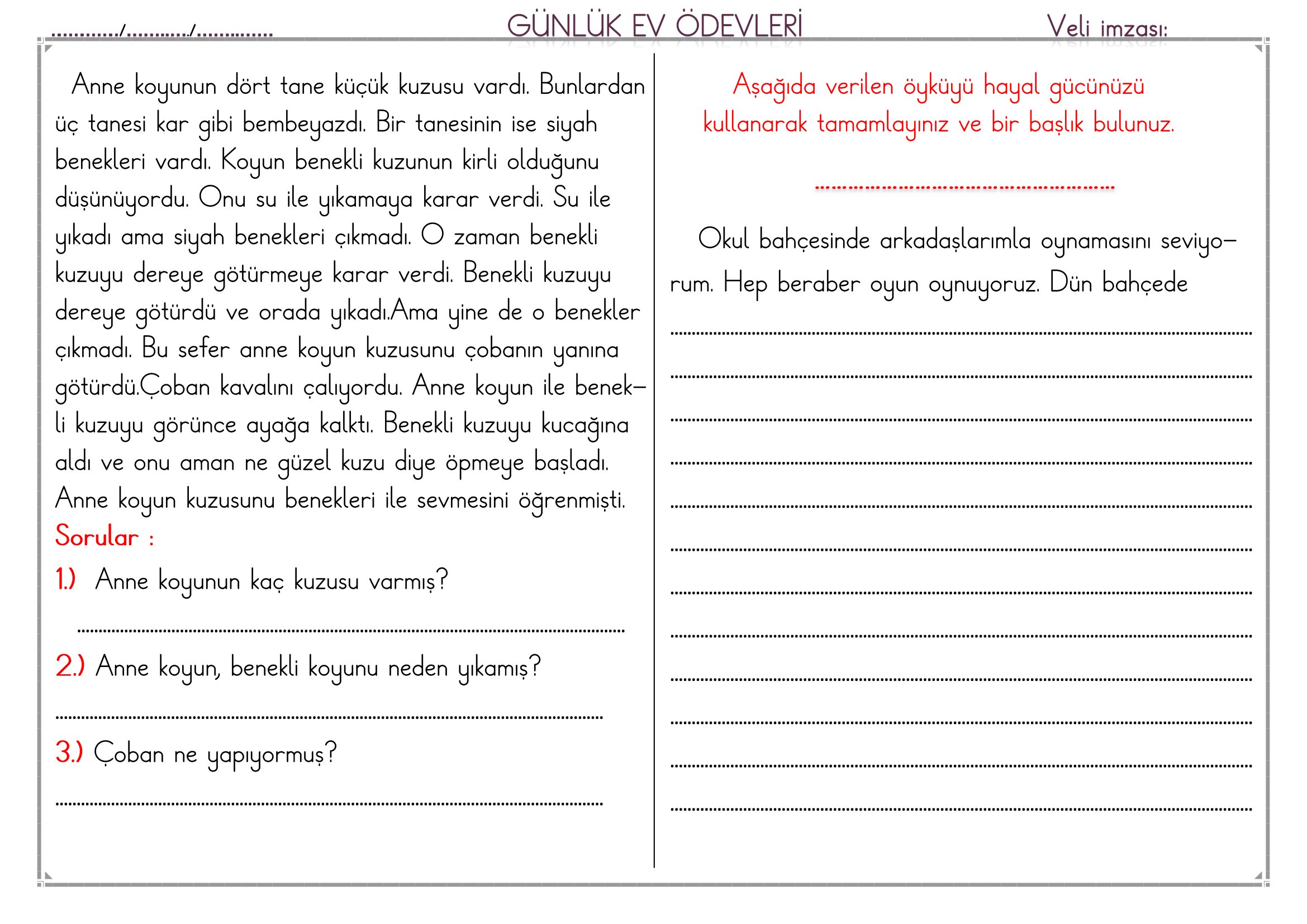 1.Sınıf - 30 Mart 2026 Günlük Ev Ödevleri