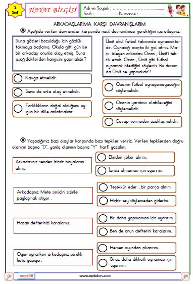 3. Sınıf Hayat Bilgisi Arkadaşlarıma Karşı Davranışlarım Etkinliği