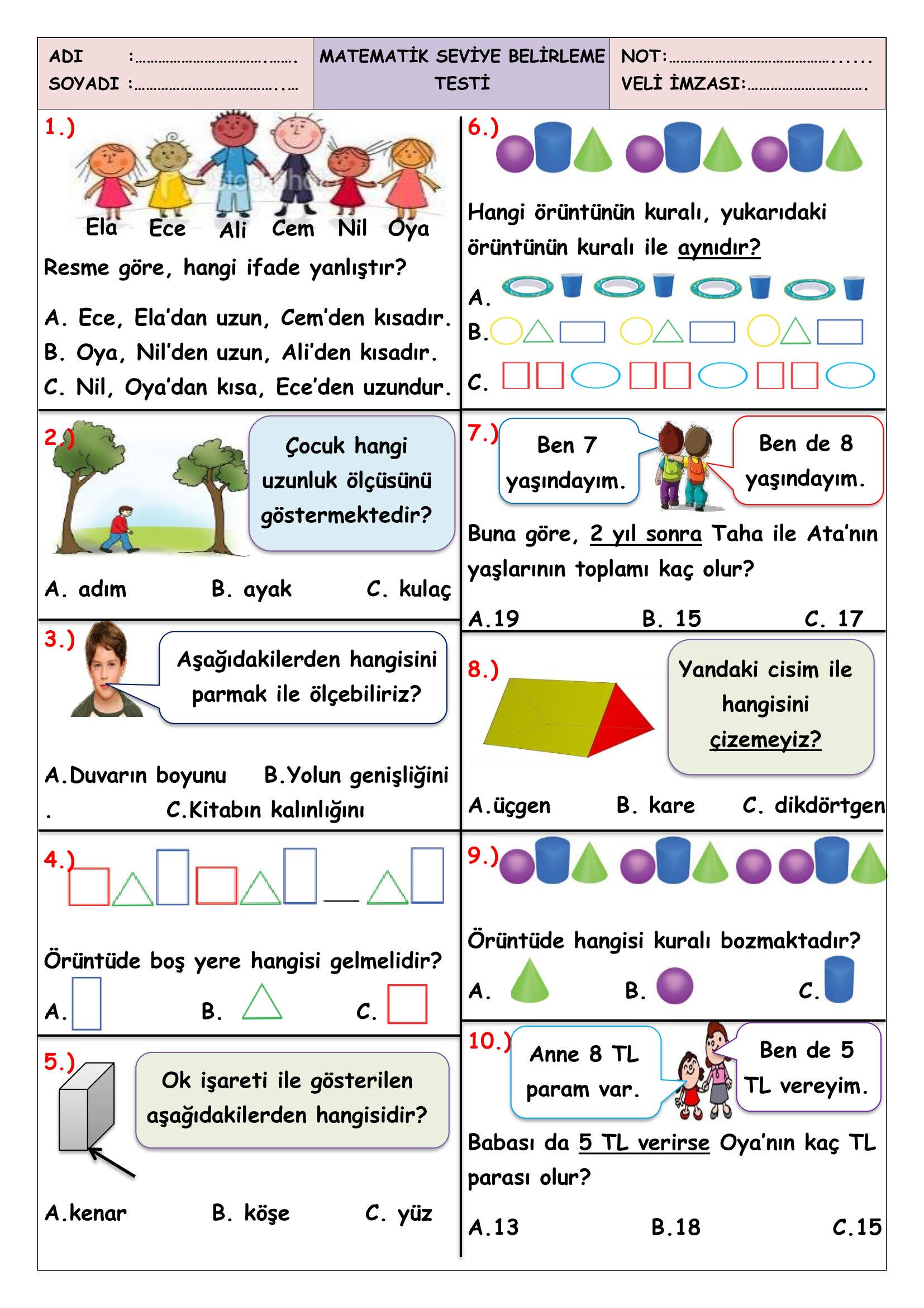 1.Sınıf -Matematik Seviye Belirleme Test-5