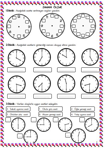 1. Sınıf Matematik Zamanı Ölçme ve Saat Etkinliği