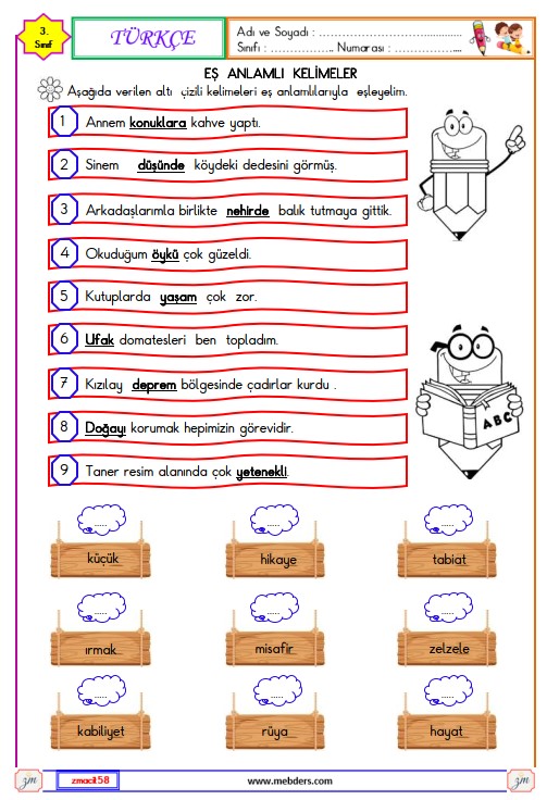 3. Sınıf Türkçe Eş Anlamlı Kelimeler Etkinliği