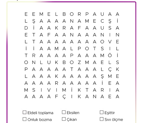 Matematik Terimleri Bulmacası - İşlemler ve Sıvıları Ölçme - Seviye 2