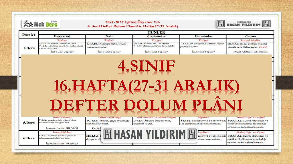 4.Sınıf 16.Hafta(27-31 Aralık) Defter Dolum Planı