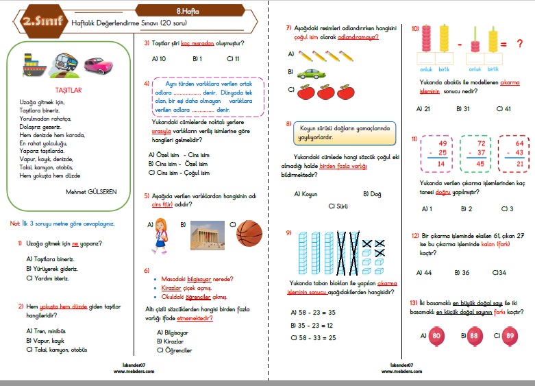 2.Sınıf Haftalık Değerlendirme Testi - 8.Hafta (31 Ekim - 04 Kasım)