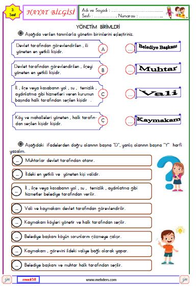 3. Sınıf Hayat Bilgisi Yönetim Birimleri  Etkinliği