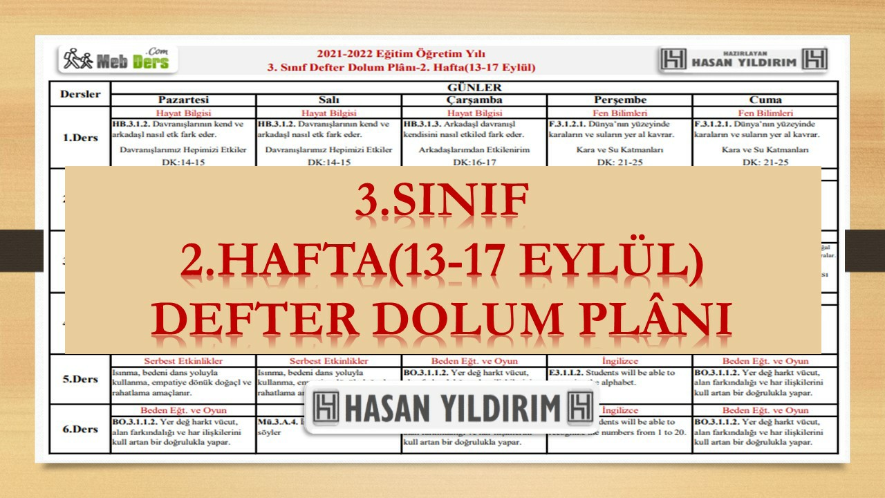 3.Sınıf 2.Hafta(13-17 Eylül) Defter Dolum Planı