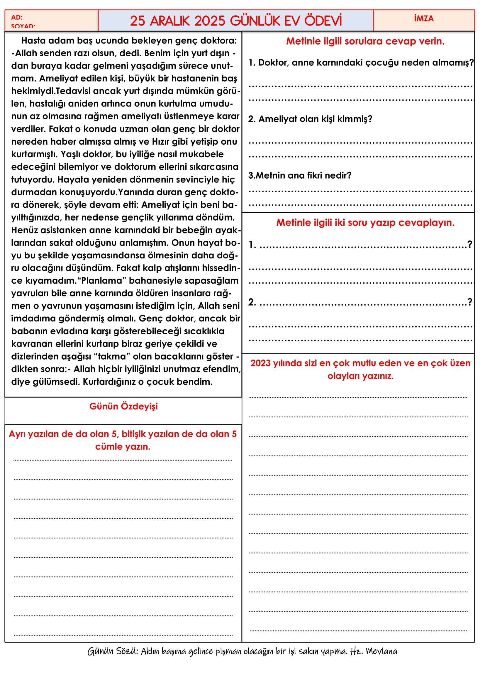 4.Sınıf - 25 Aralık 2025 Günlük Ev Ödevleri