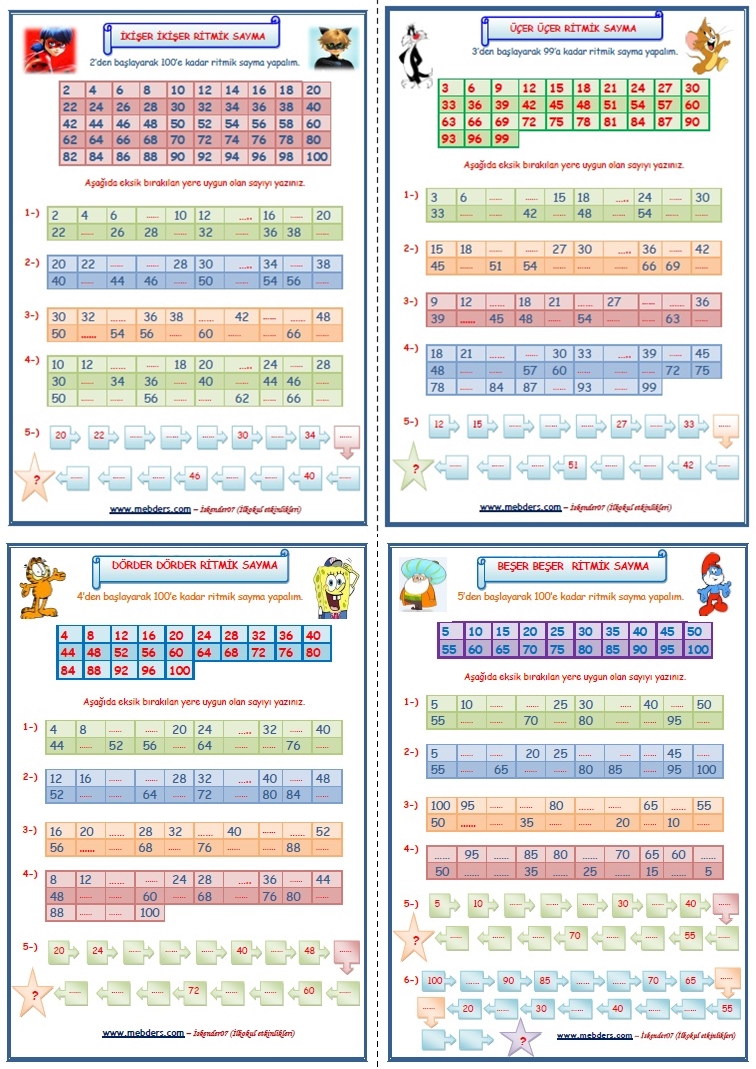 3. Sınıf Matematik Ritmik Saymalar 4 SAYFA (ikişer-üçer-dörder-beşer)