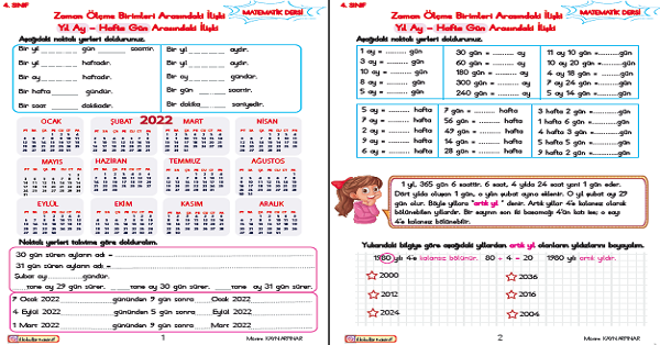 4. Sınıf Matematik Yıl Ay - Hafta Gün Arasındaki İlişki
