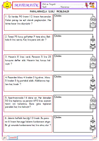 3. Sınıf Matematik Paralarımızla İlgili Problemler Etkinliği 3