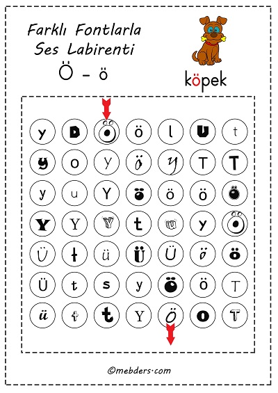 Farklı fontlarla ses labirenti - ö sesi