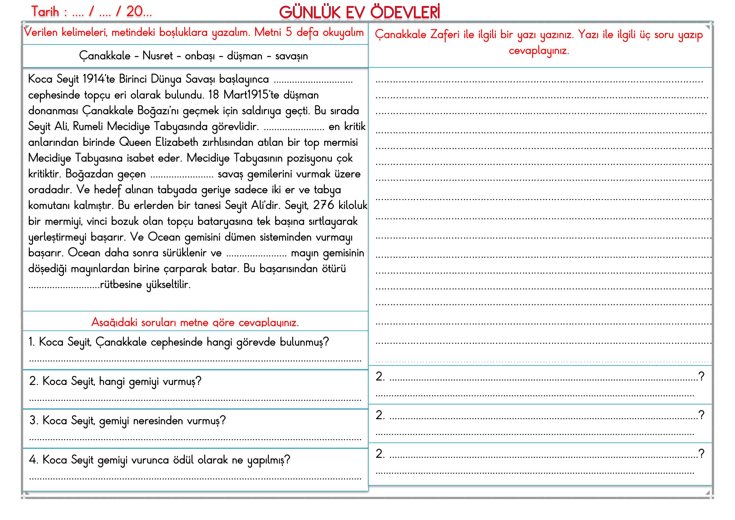 2.Sınıf - 13 Mart 2026 Günlük Ev Ödevleri