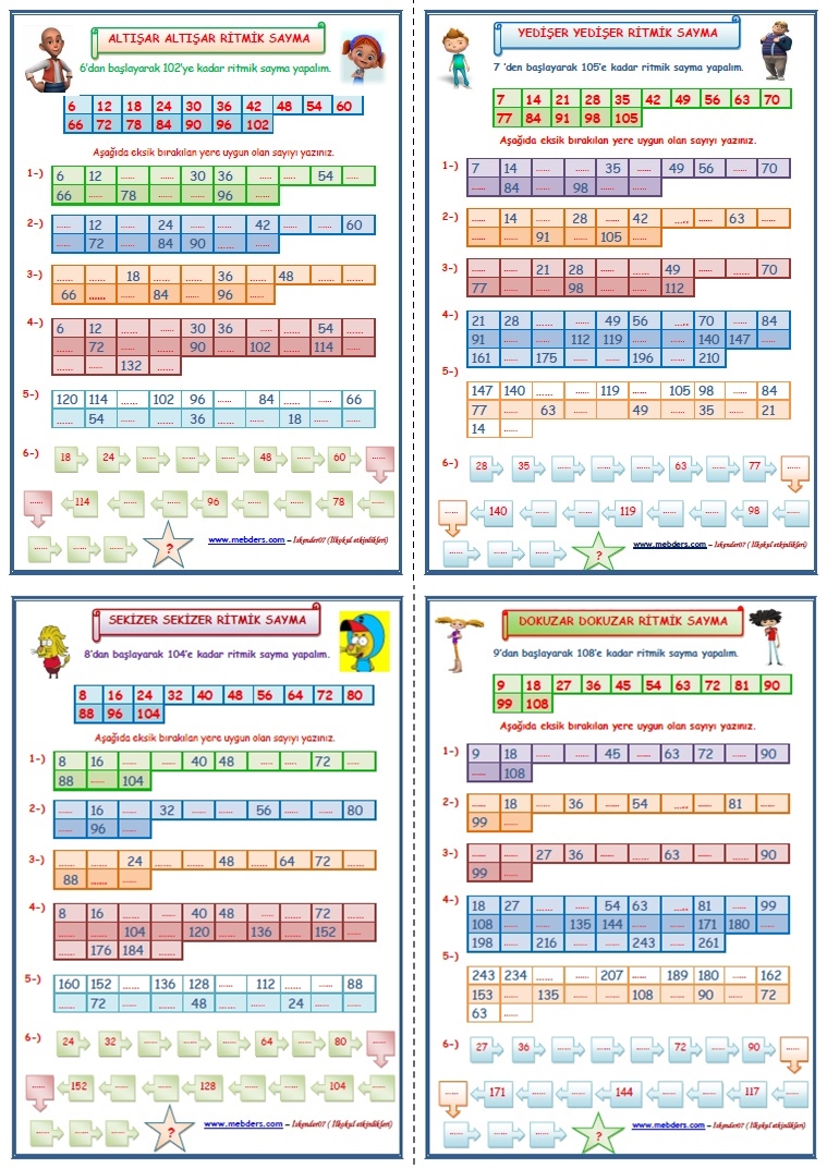 3. Sınıf Matematik Ritmik Saymalar 4 SAYFA (altışar-yedişer-sekizer-dokuzar)