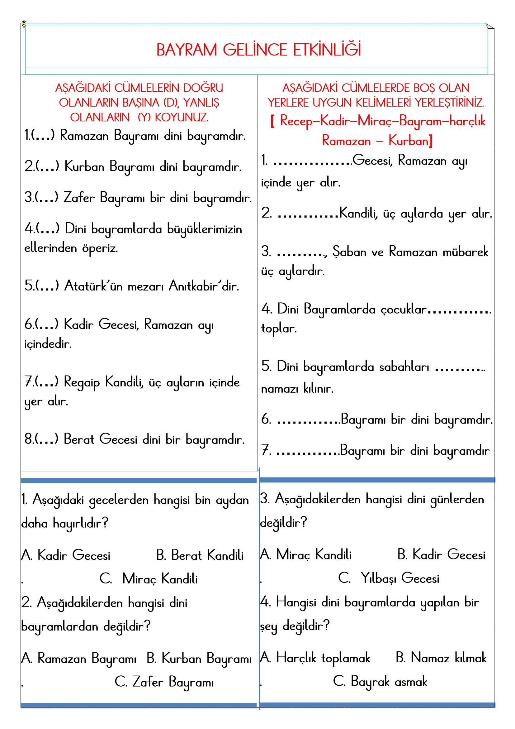 2.Sınıf - Hayat Bilgisi Bayram Gelince Etkinliği