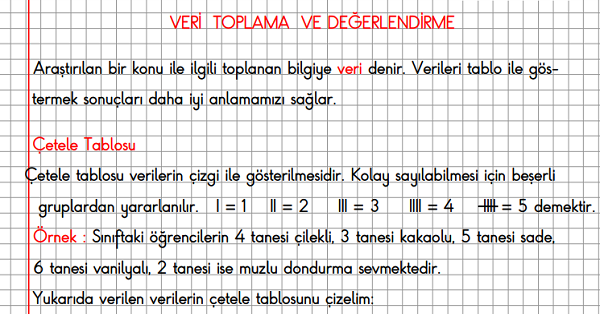 1.Sınıf Matematik Kareli Defterde Veri Toplama ve Değerlendirme Konu Özeti