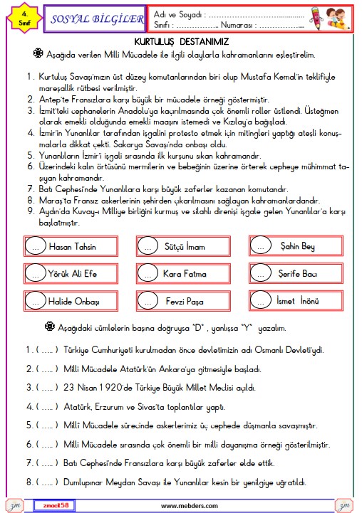 4. Sınıf Sosyal Bilgiler Kurtuluş Destanımız Etkinliği