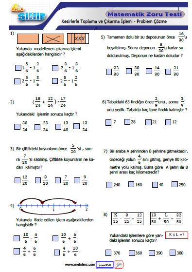 4. Sınıf Matematik Kesirlerle Toplama ve Çıkarma İşlemi - Problem Çözme Testi