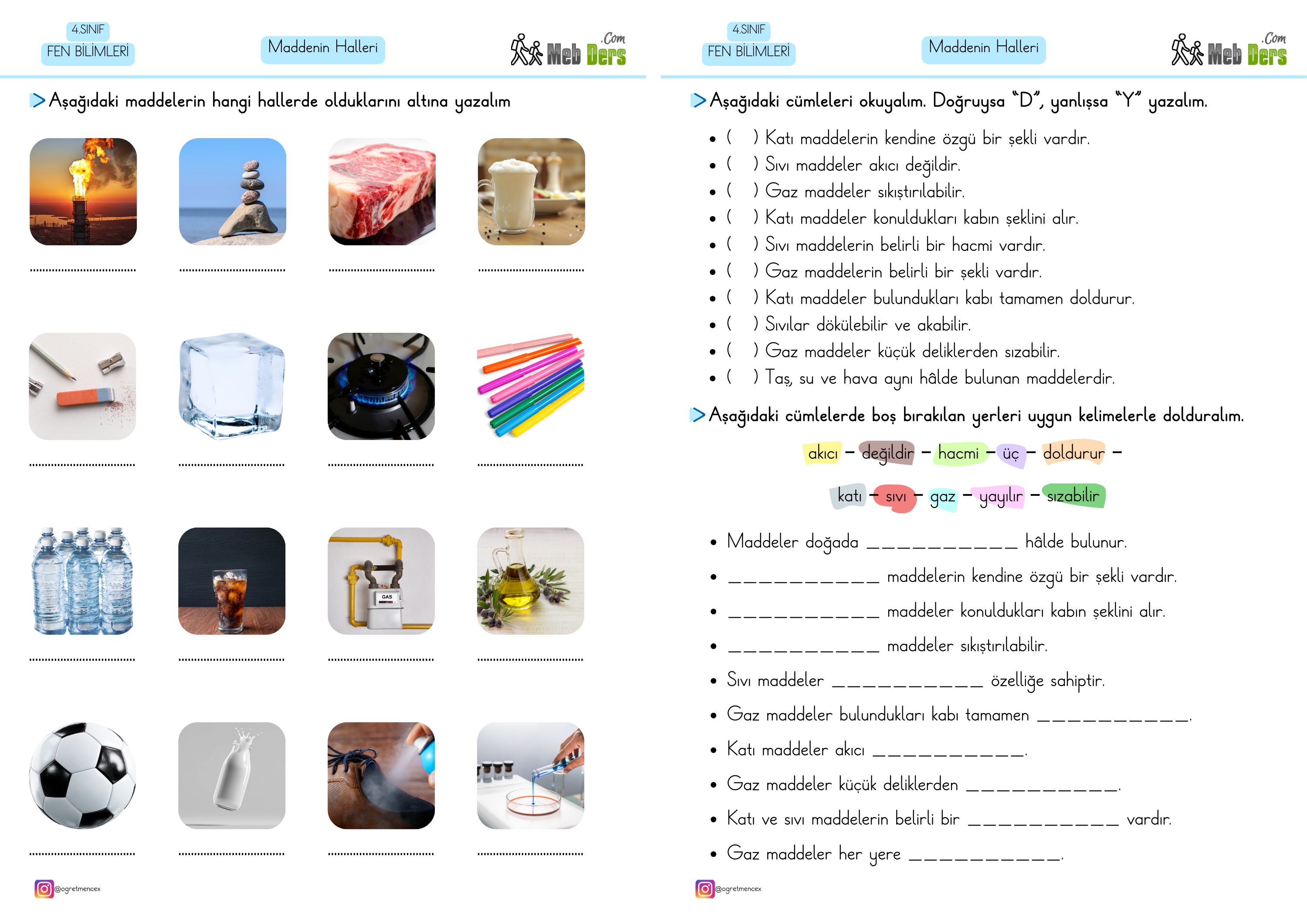 4. Sınıf Fen Bilimleri Maddenin Halleri Çalışma Sayfası (2 Sayfa)