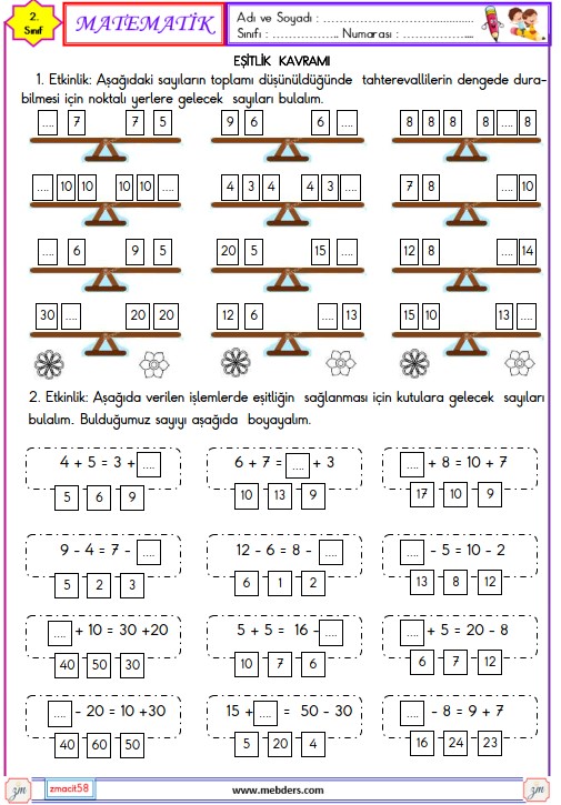 2. Sınıf Matematik Eşitlik Kavramı Etkinliği 2