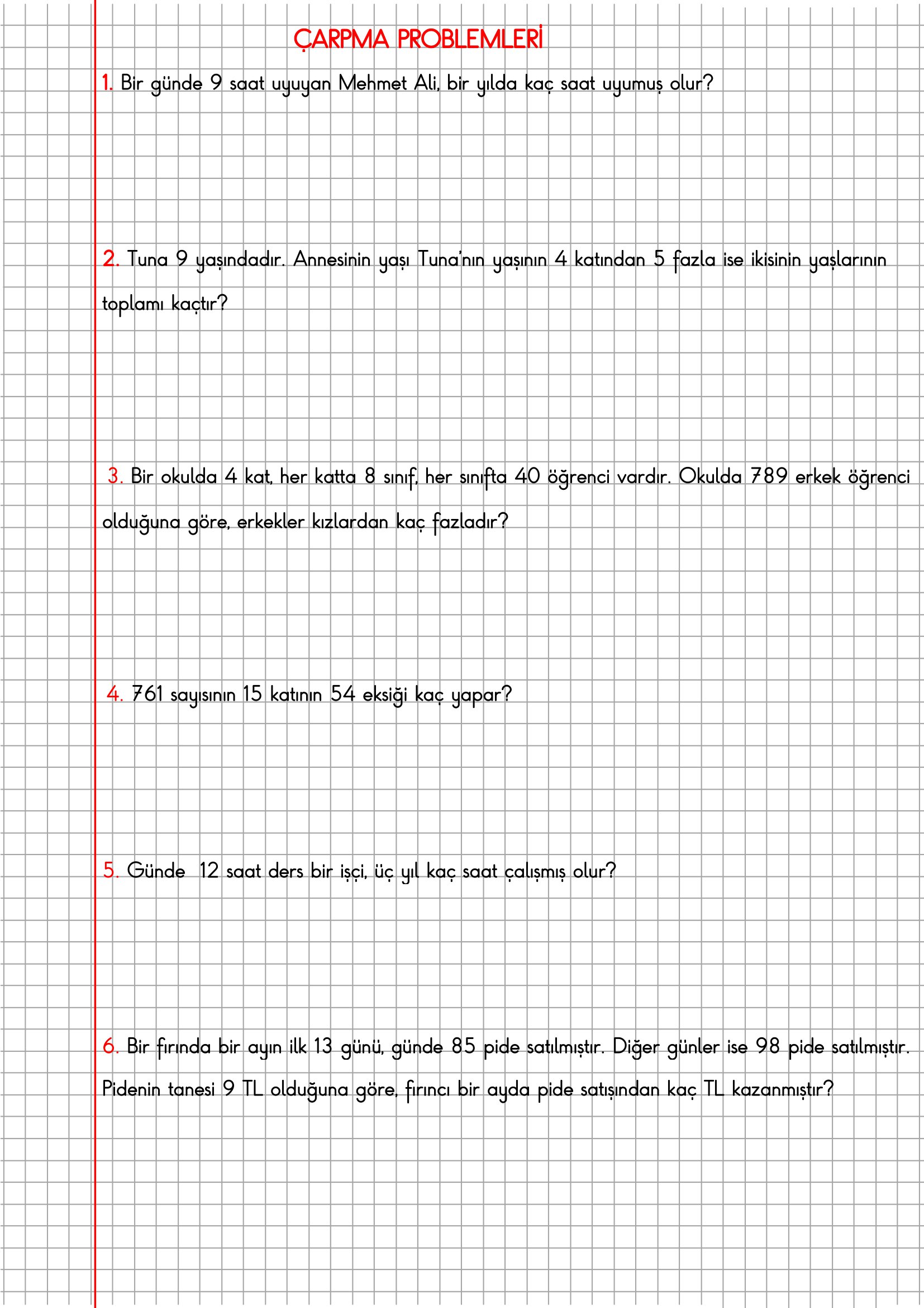 4.Sınıf Matematik Kareli Defterde Çarpma Problemleri