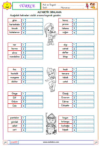 2. Sınıf Türkçe Alfabemiz ve Sözlük Sırası Etkinliği
