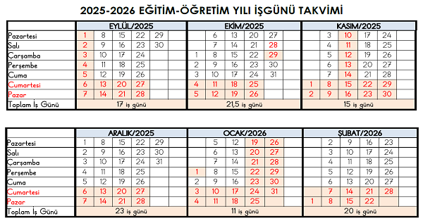 2025-2026 İş Günü Takvimi