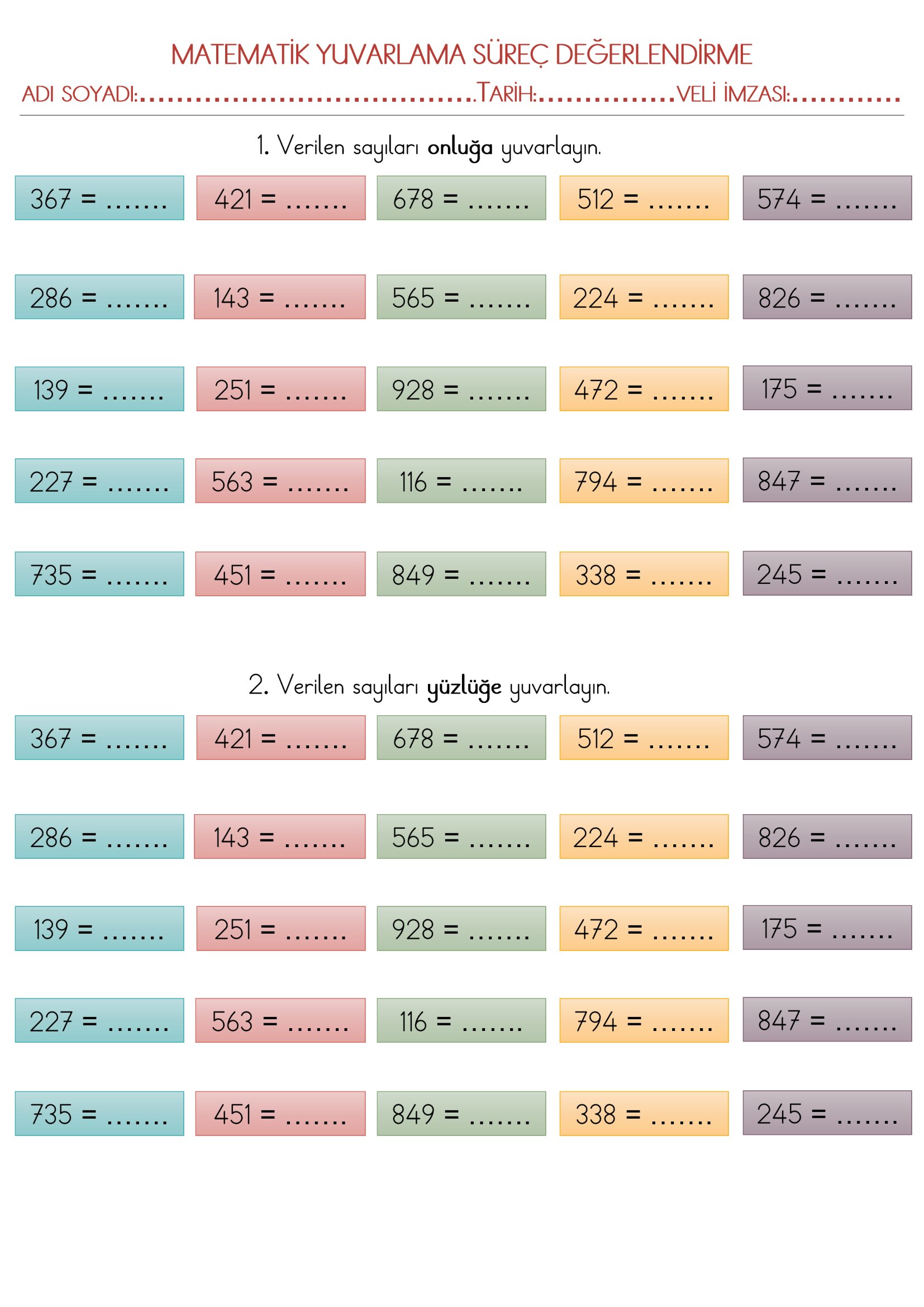 3.Sınıf Matematik Üç Basamaklı Doğal Sayılarda Yuvarlama Süreç Değerlendirme