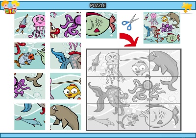 Kes yapıştır komik deniz canlıları puzzle etkinlik