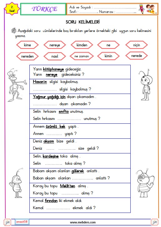 2. Sınıf Türkçe Soru Kelimeleri ve Soru Cümlesi  Etkinliği