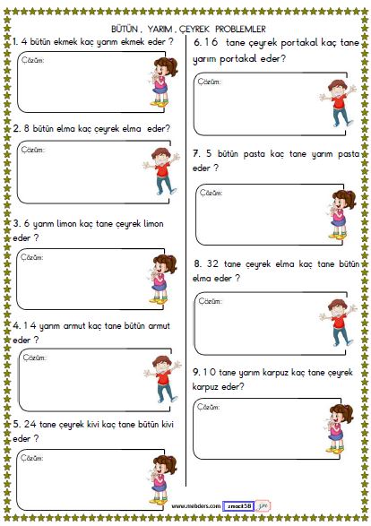 2. Sınıf Matematik Bütün, Yarım, Çeyrek ile İlgili Problemler  Etkinliği 1