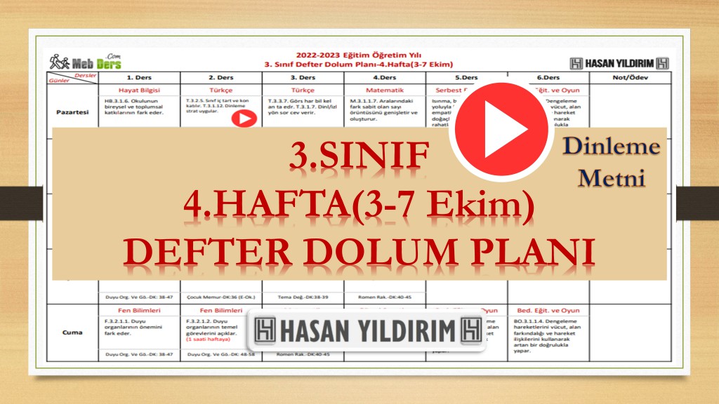 2022-2023 Eğitim Öğretim Yılı 3. Sınıf 4. Hafta (3-7 Ekim) Defter Dolum Planı