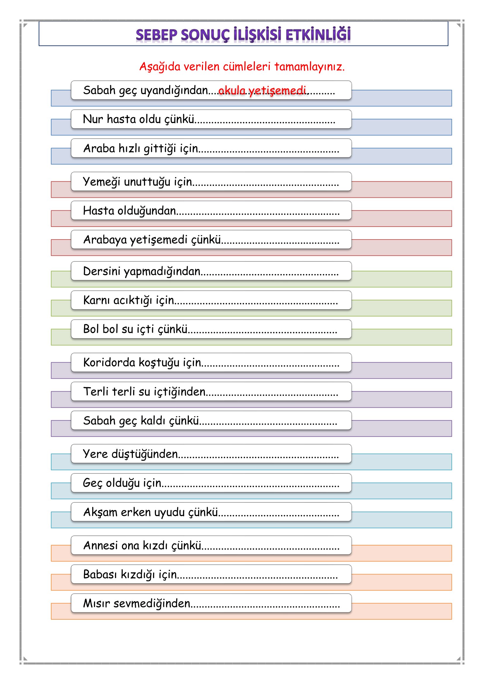1.Sınıf Türkçe Sebep Sonuç İlişkisi Etkinliği-1