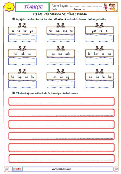 1. Sınıf Türkçe Kelime Oluşturma Etkinliği