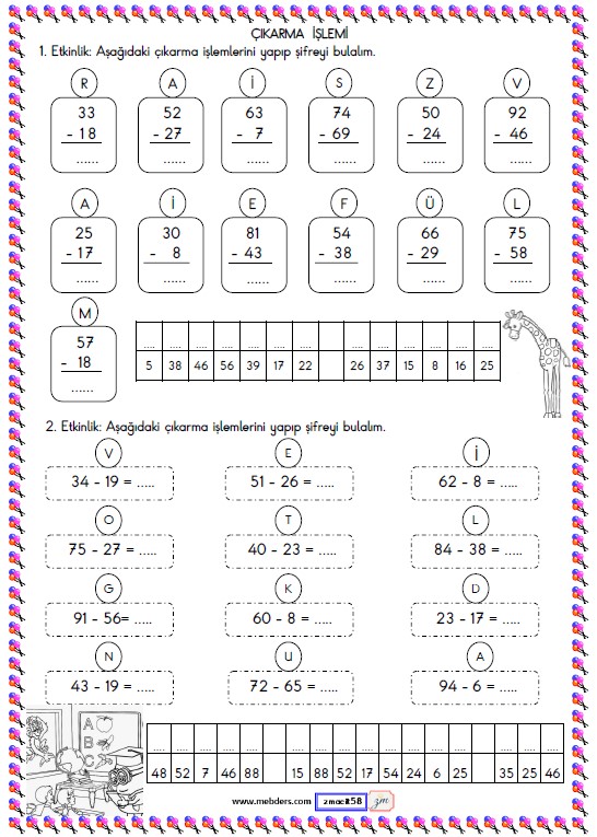 2. Sınıf Matematik Onluk Bozarak Çıkarma İşlemi Etkinliği 1