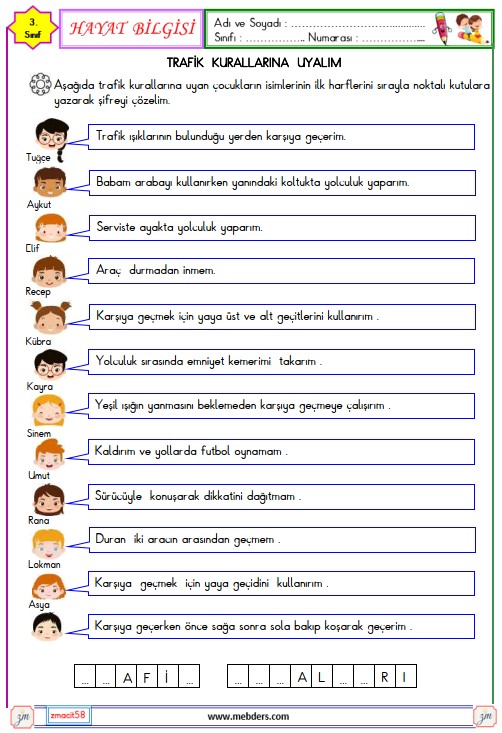 3. Sınıf Hayat Bilgisi  Trafik Kurallarına Uyalım Etkinliği