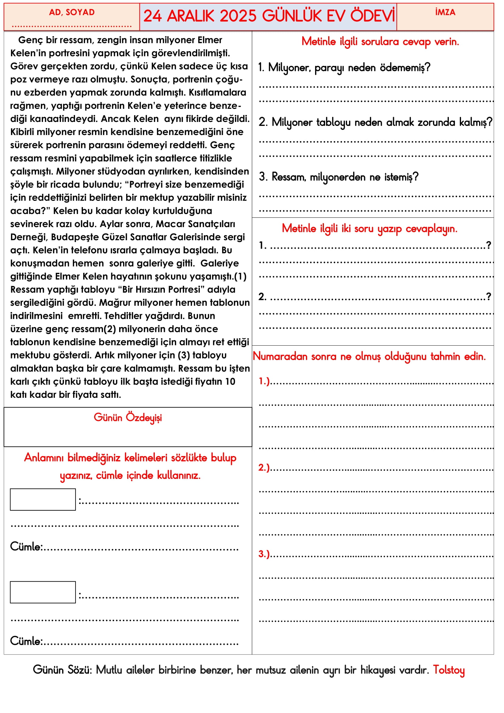 3.Sınıf - 24 Aralık 2025 Günlük Ev Ödevleri