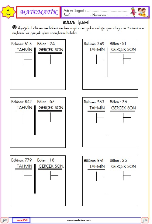 4. Sınıf Matematik Bölme İşlemini Tahmin Edelim Etkinliği 2