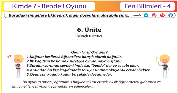 4.Sınıf Fen Bilimleri Kimde  Bende ! Oyunu (İnsan ve Çevre Ünitesi)