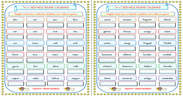 1. Sınıf İlk Okuma Yazma V Sesi Hece Kelime Okuma Yazma Çalışması