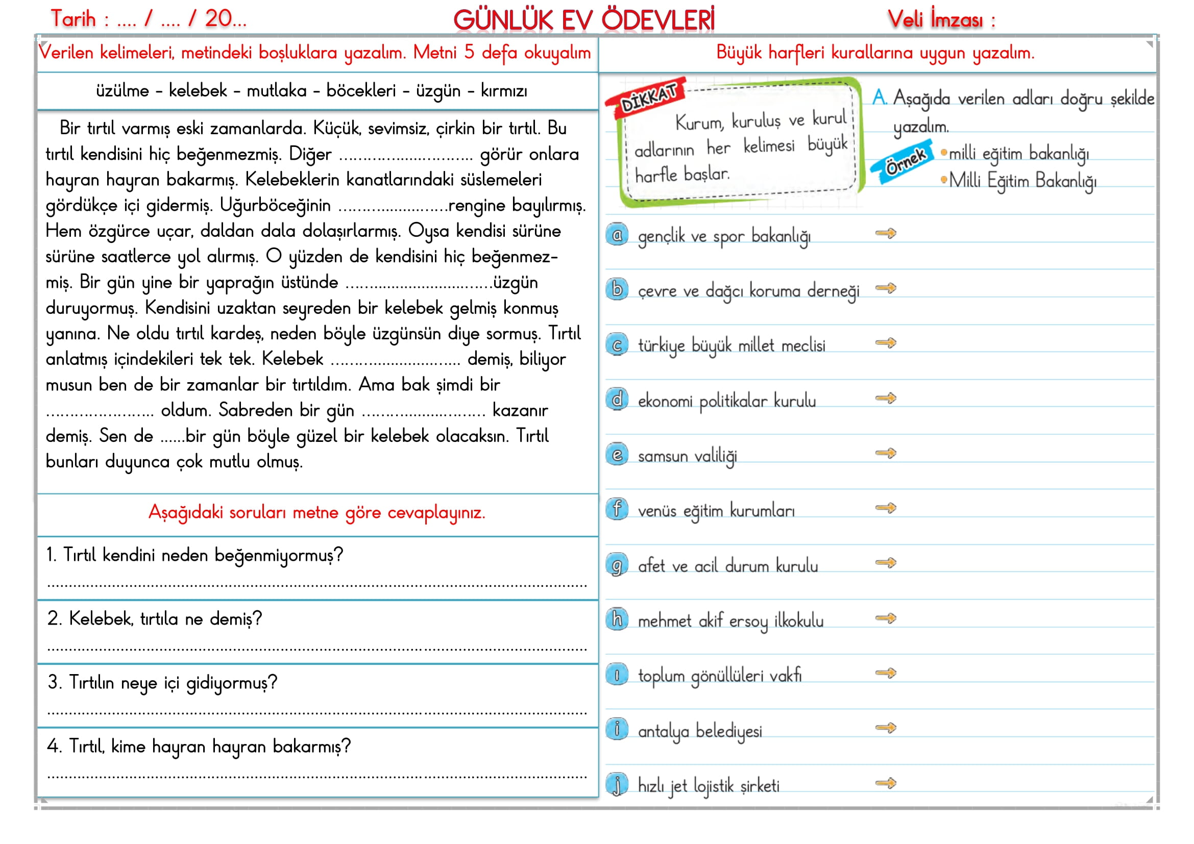 2.Sınıf - 20 Kasım 2025 Günlük Ev Ödevleri