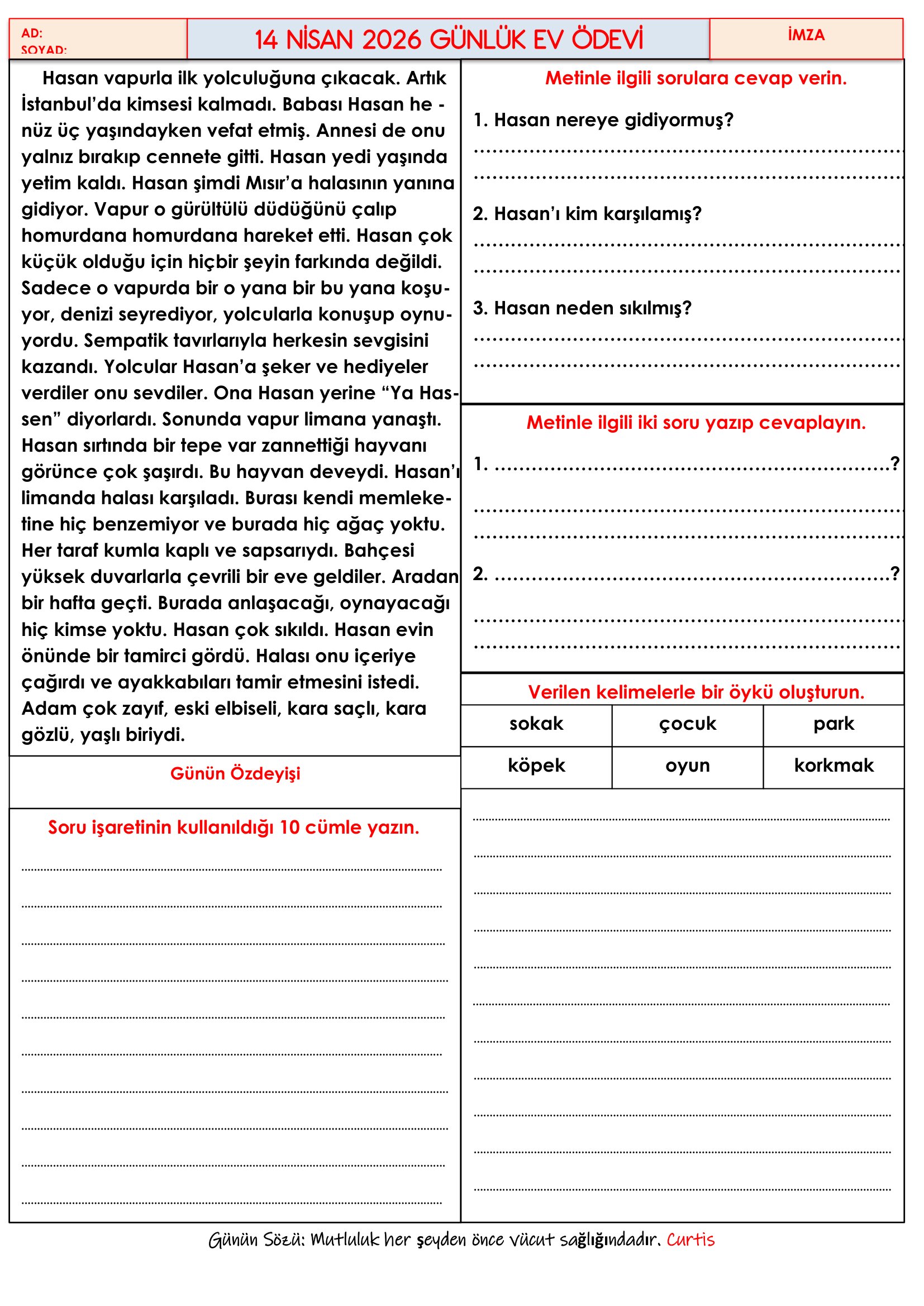 4.Sınıf - 14 Nisan 2026 Günlük Ev Ödevleri